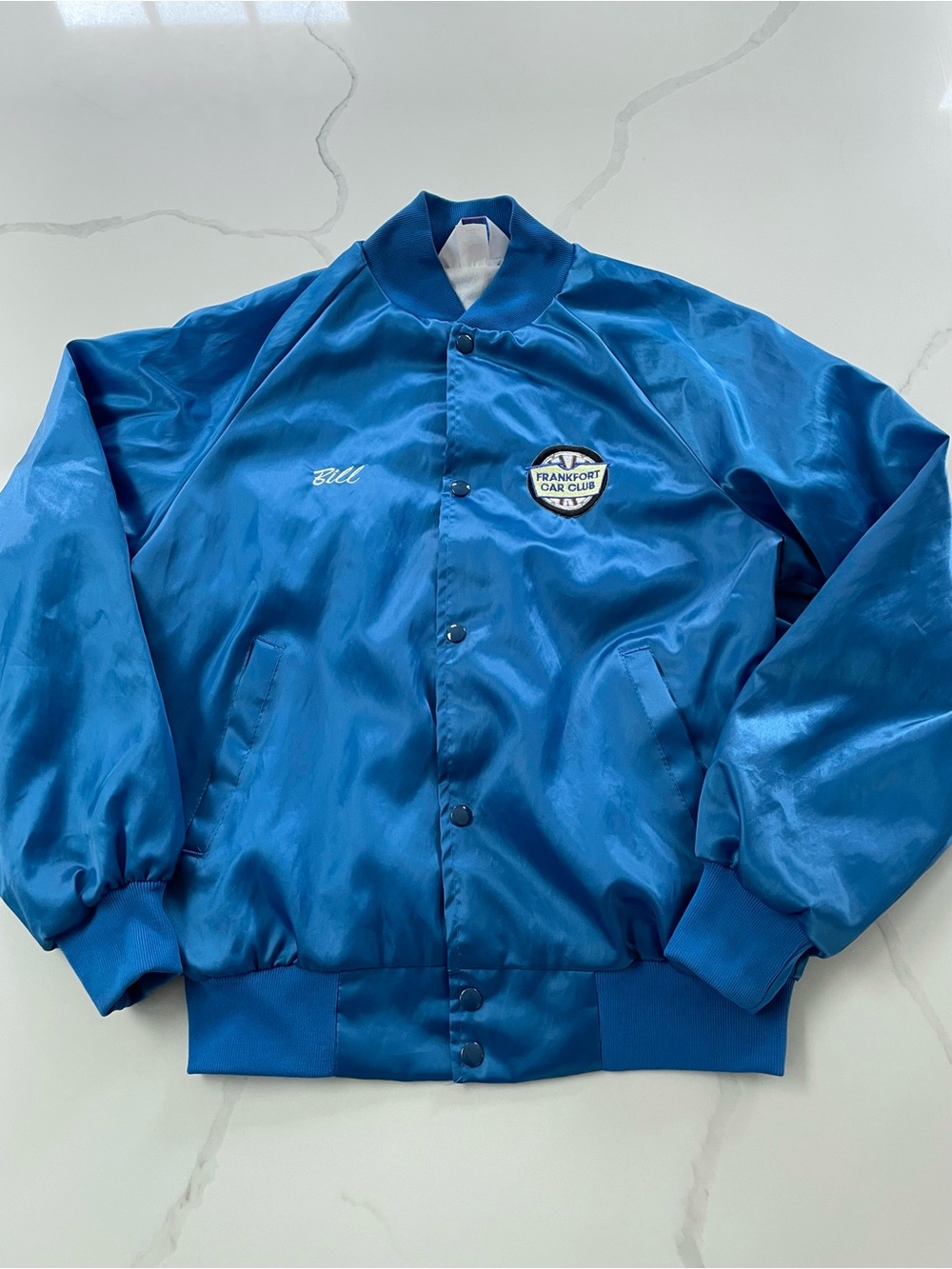 Vintage 1970s Blue Nylon Car Club Satin Jacket, Size Medium